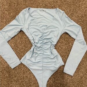 Abercrombie Light Blue Ruched Long Sleeve Bodysuit